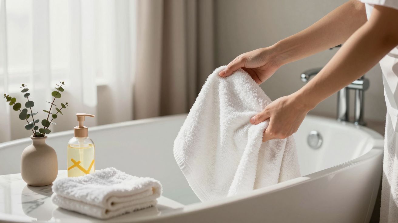 Manos colocando una toalla blanca sobre la bañera, junto a jabón líquido y una planta.