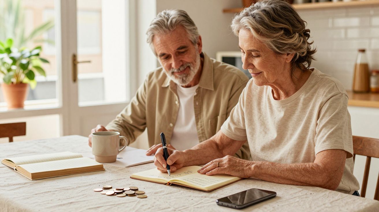 Pareja mayor sentada a la mesa, ella toma notas mientras él sostiene una taza. Calculan finanzas con monedas y libreta.