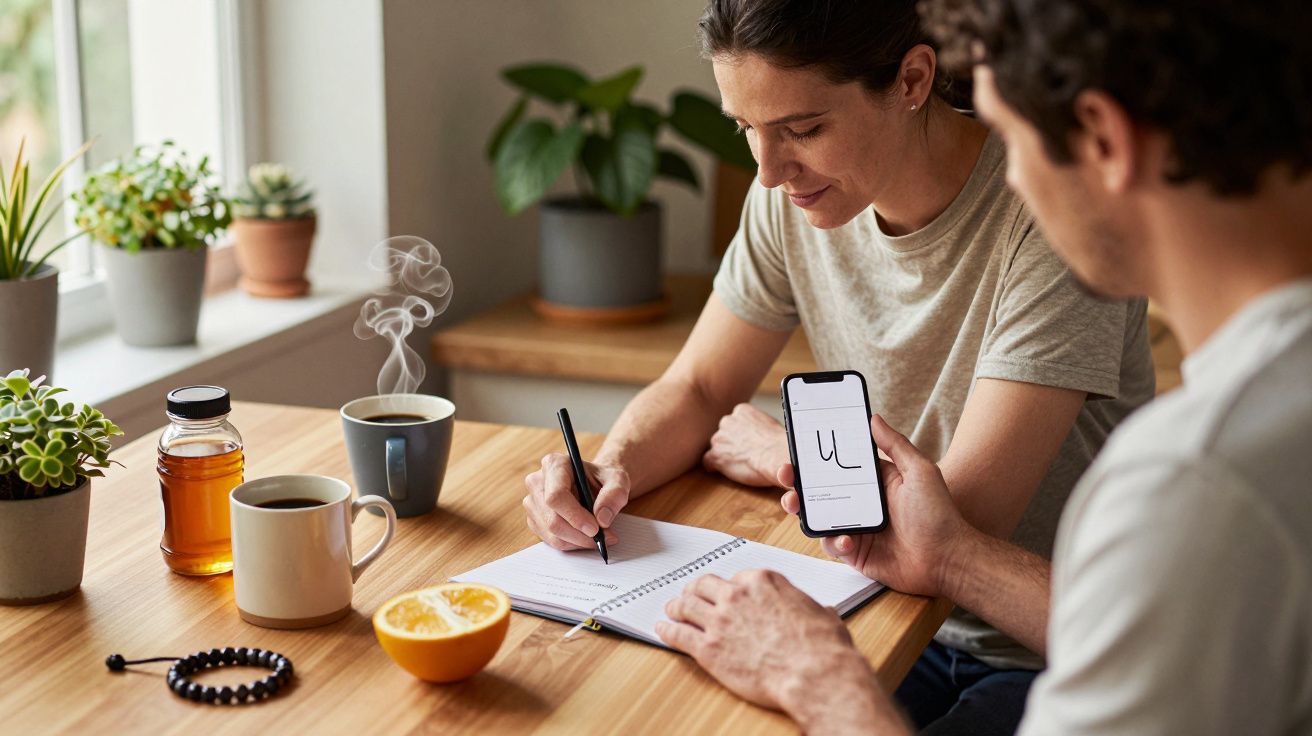Hombre y mujer escribiendo en un cuaderno en una mesa de madera con café, plantas y móviles.