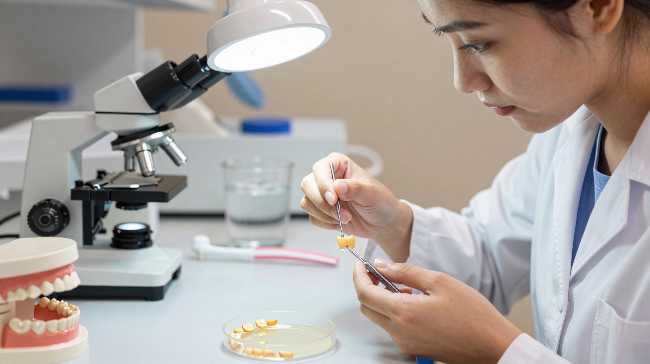 Investigadora en laboratorio dental analizando dientes artificiales bajo una lámpara, con microscopio y prótesis cerca.
