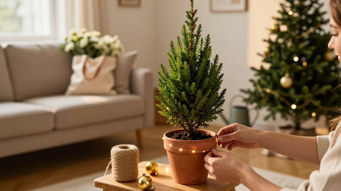 Mujer decora un pequeño árbol de Navidad en maceta con luces, en un salón acogedor con sofá y otro árbol al fondo.