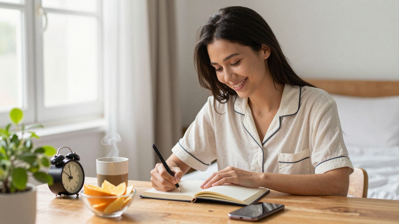 Mujer sonriente escribe en un cuaderno en una mesa, junto a una taza de café, reloj despertador y plato de frutas.