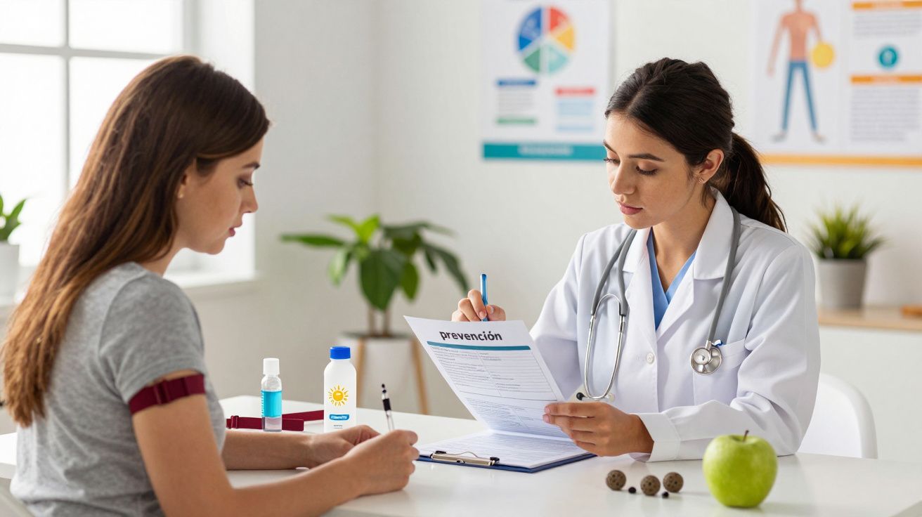 Doctora con bata blanca hablando con paciente en consulta médica, sosteniendo folleto de prevención. Escritorio con alimentos