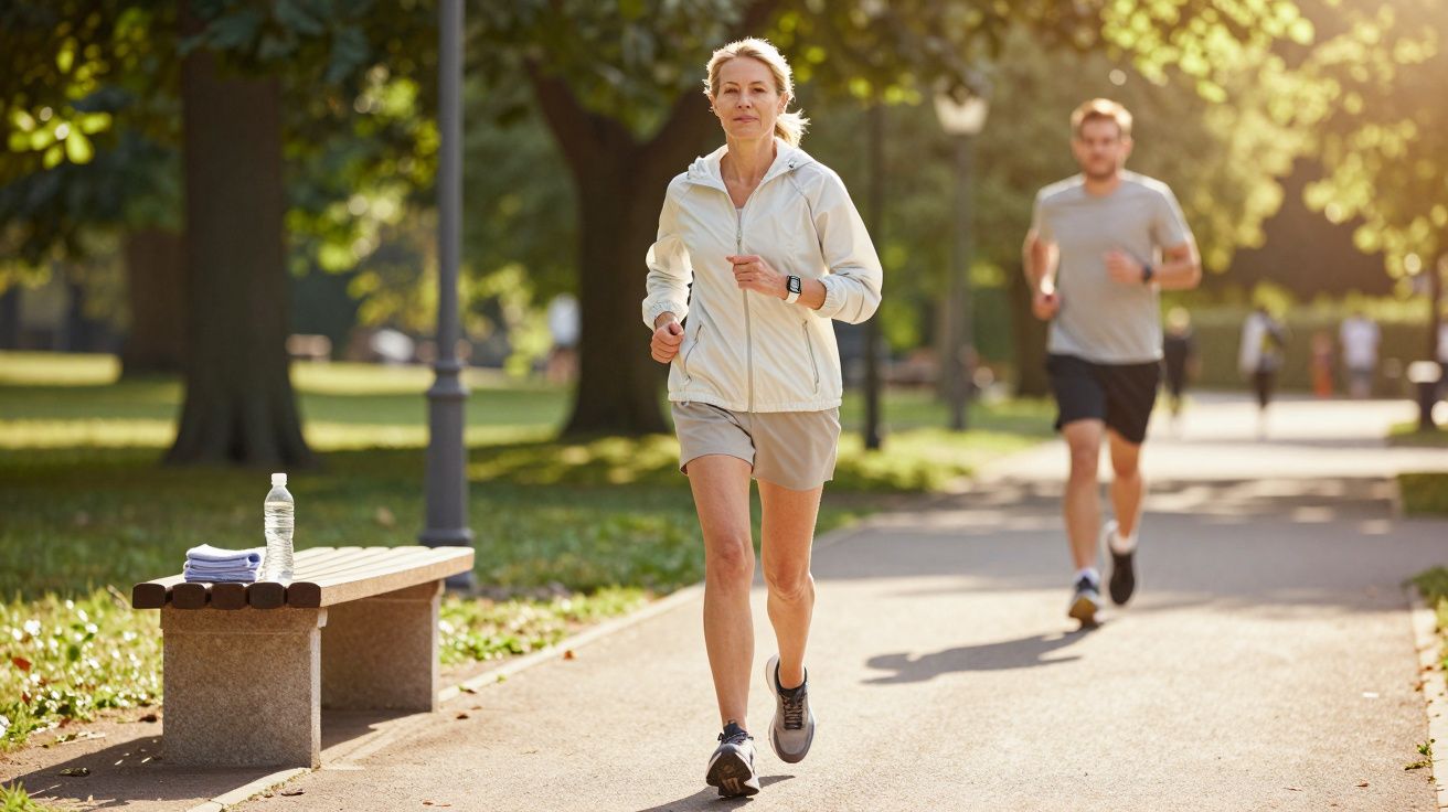 Mujer corriendo en un parque soleado, con un hombre detrás y una botella de agua en un banco cercado por árboles.