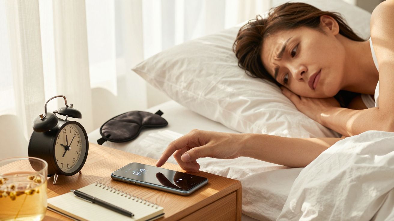 Mujer en la cama desactiva la alarma del móvil, junto a un reloj despertador y un cuaderno sobre la mesita.