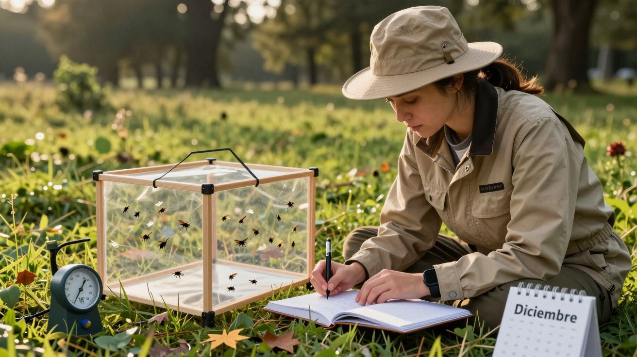 Investigadora con sombrero anota observaciones sobre insectos en una caja de cristal en un campo, junto a un reloj y un calen
