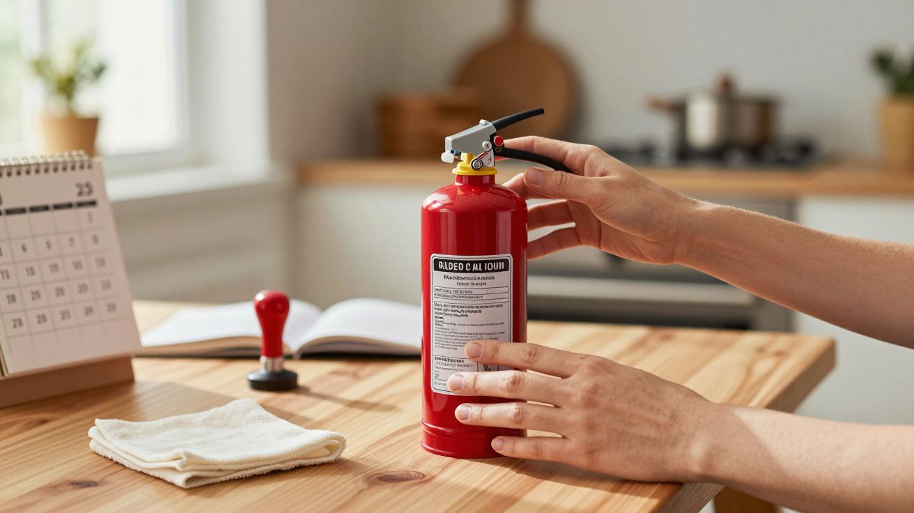 Manos sujetando un extintor rojo sobre una mesa de madera en una cocina, con un calendario y un paño cerca.