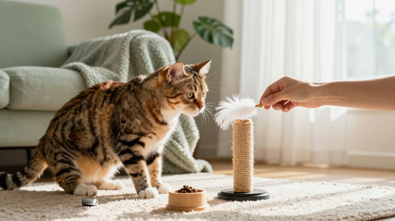 Gato observando una pluma en un rascador mientras una mano la sostiene. Fondo con sofá y planta.