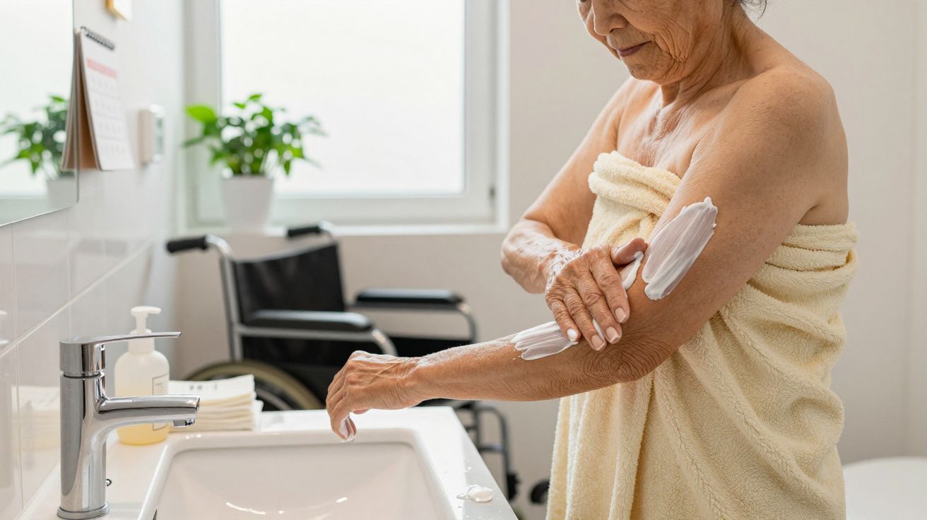 Persona mayor aplicando crema en el brazo frente al lavabo en un baño iluminado.