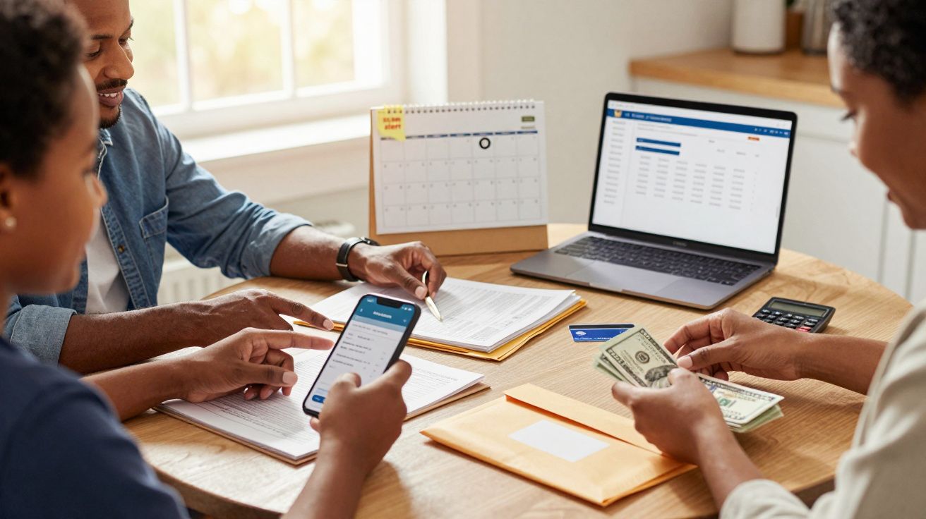 Personas revisando documentos y dinero en una mesa, con un portátil y un teléfono móvil, junto a un calendario.