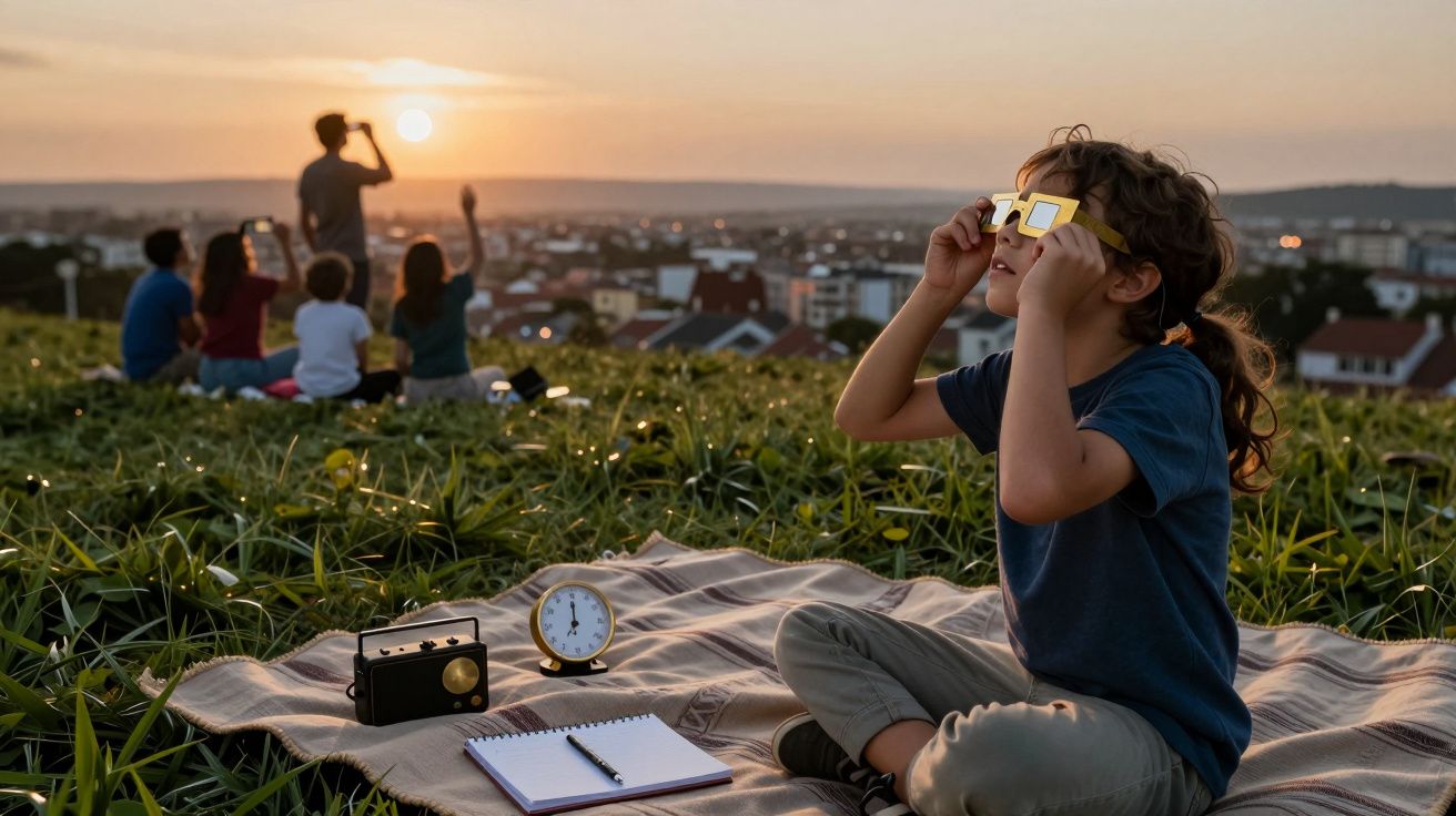 Niño sentado en el suelo observa el atardecer con gafas especiales, mientras un grupo hace lo mismo al fondo en una colina.