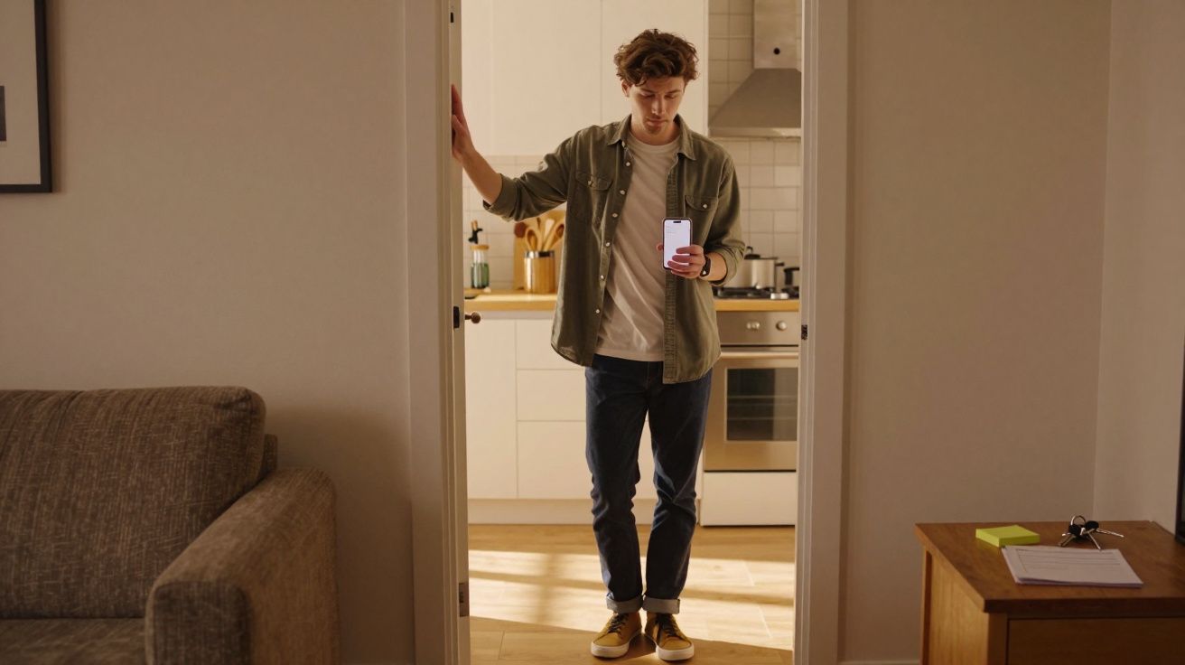 Joven de pie en una puerta, sujetando un móvil en una cocina iluminada.