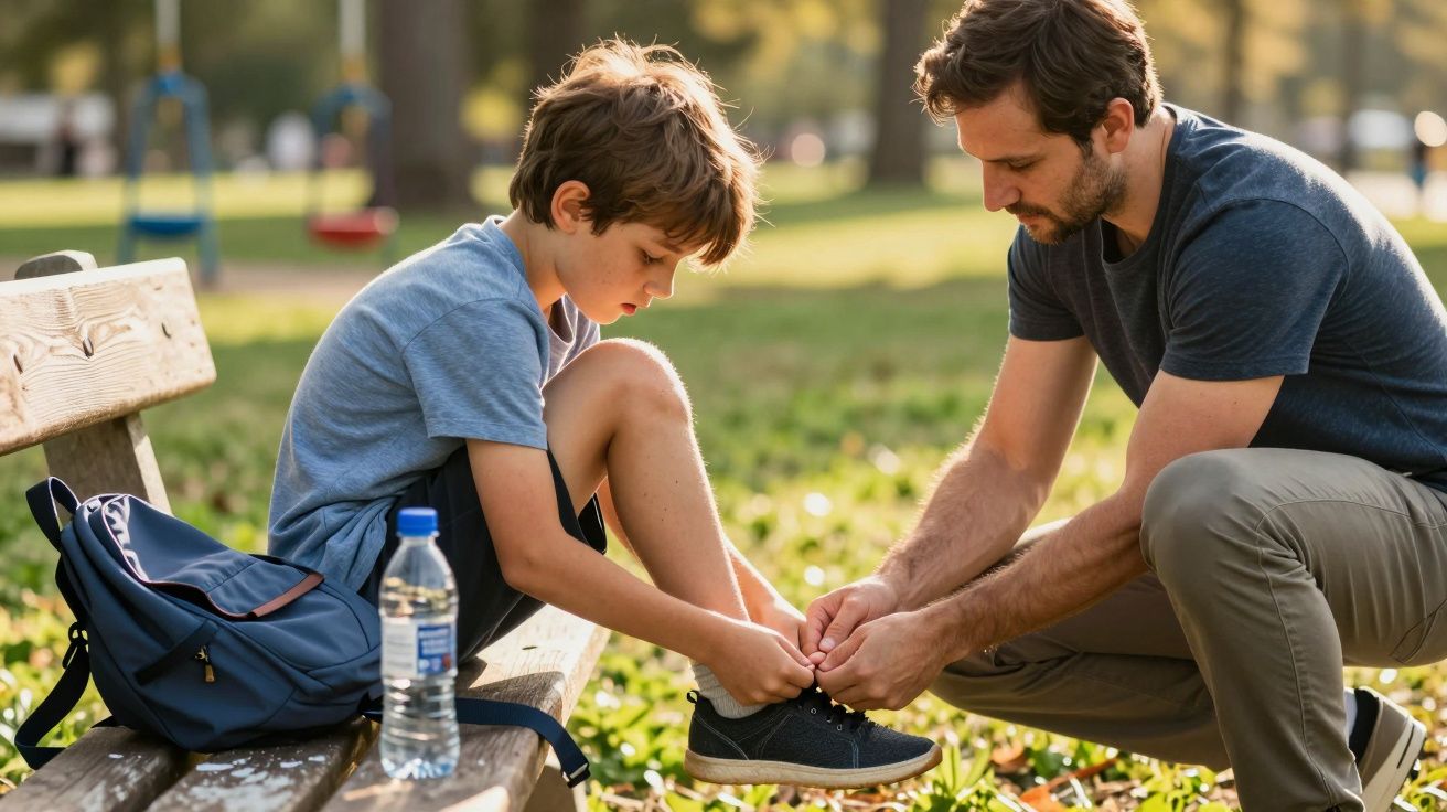 Hombre ayudando a un niño a atarse los cordones en un parque, junto a un banco y una mochila azul.