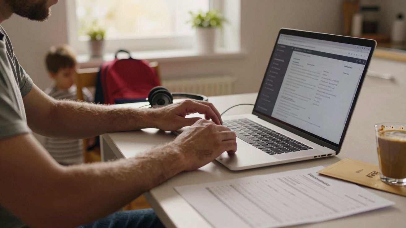 Persona trabajando en un portátil en casa, con papeles y café sobre la mesa. Un niño y una mochila en segundo plano.