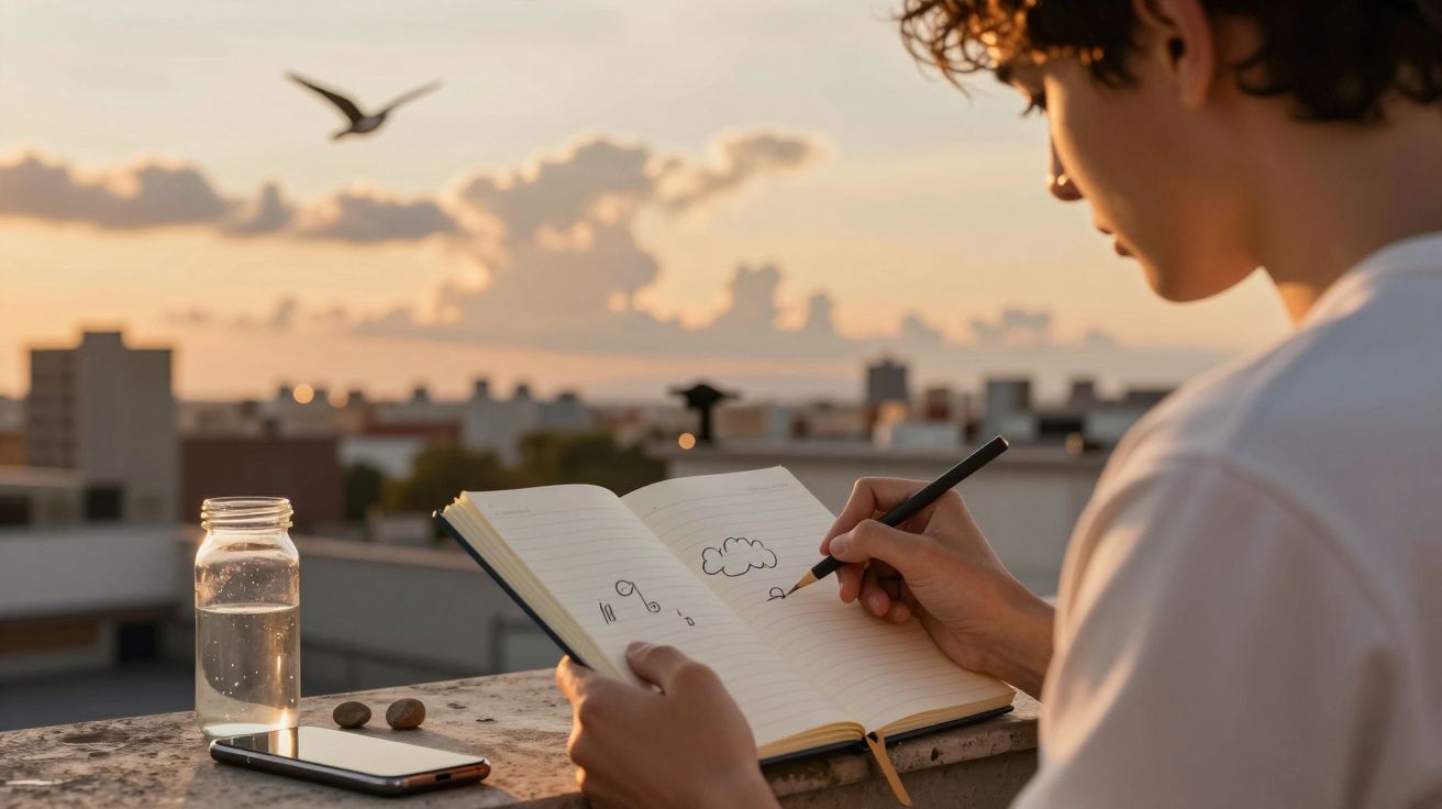 Persona dibujando en una libreta al atardecer, con un móvil y agua al lado, y una gaviota volando en el fondo.