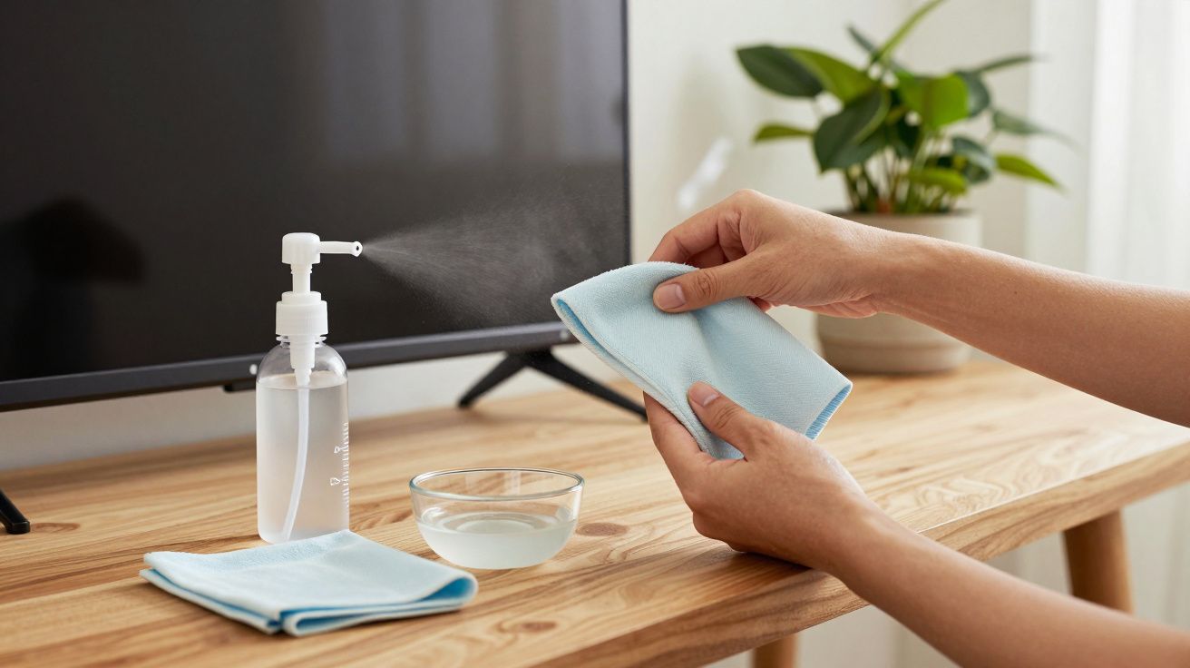 Persona limpiando una pantalla con un paño azul y un líquido en spray sobre una mesa de madera.