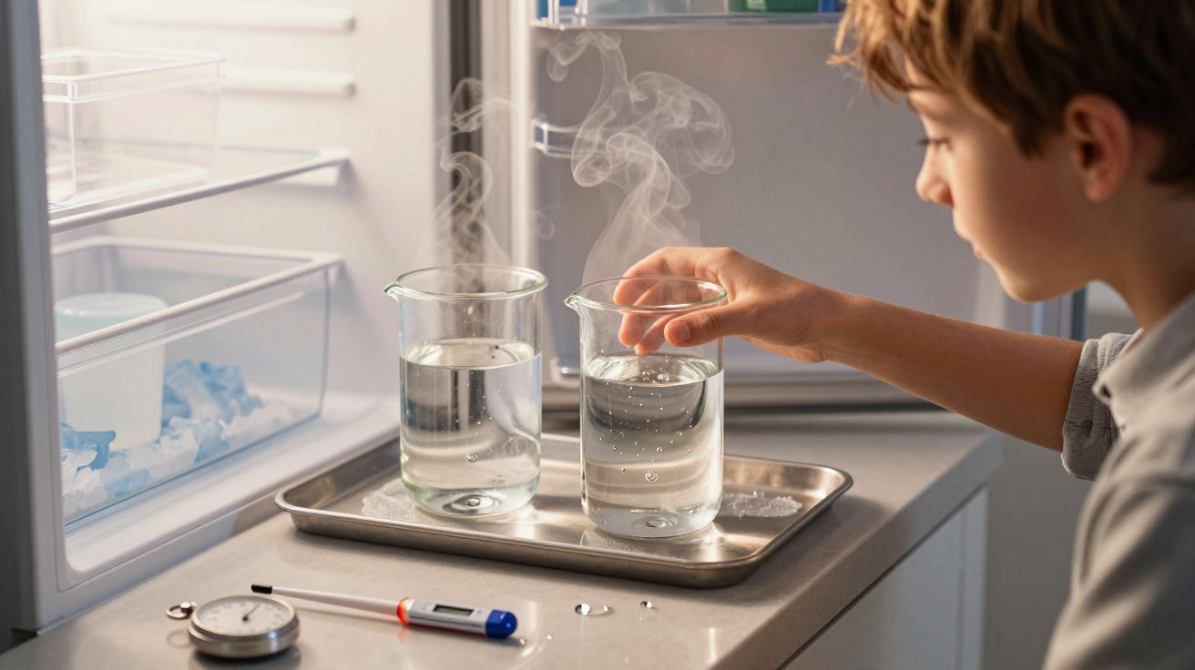 Niño observando vasos con agua humeante en una bandeja junto a un frigorífico, con termómetro y cronómetro.