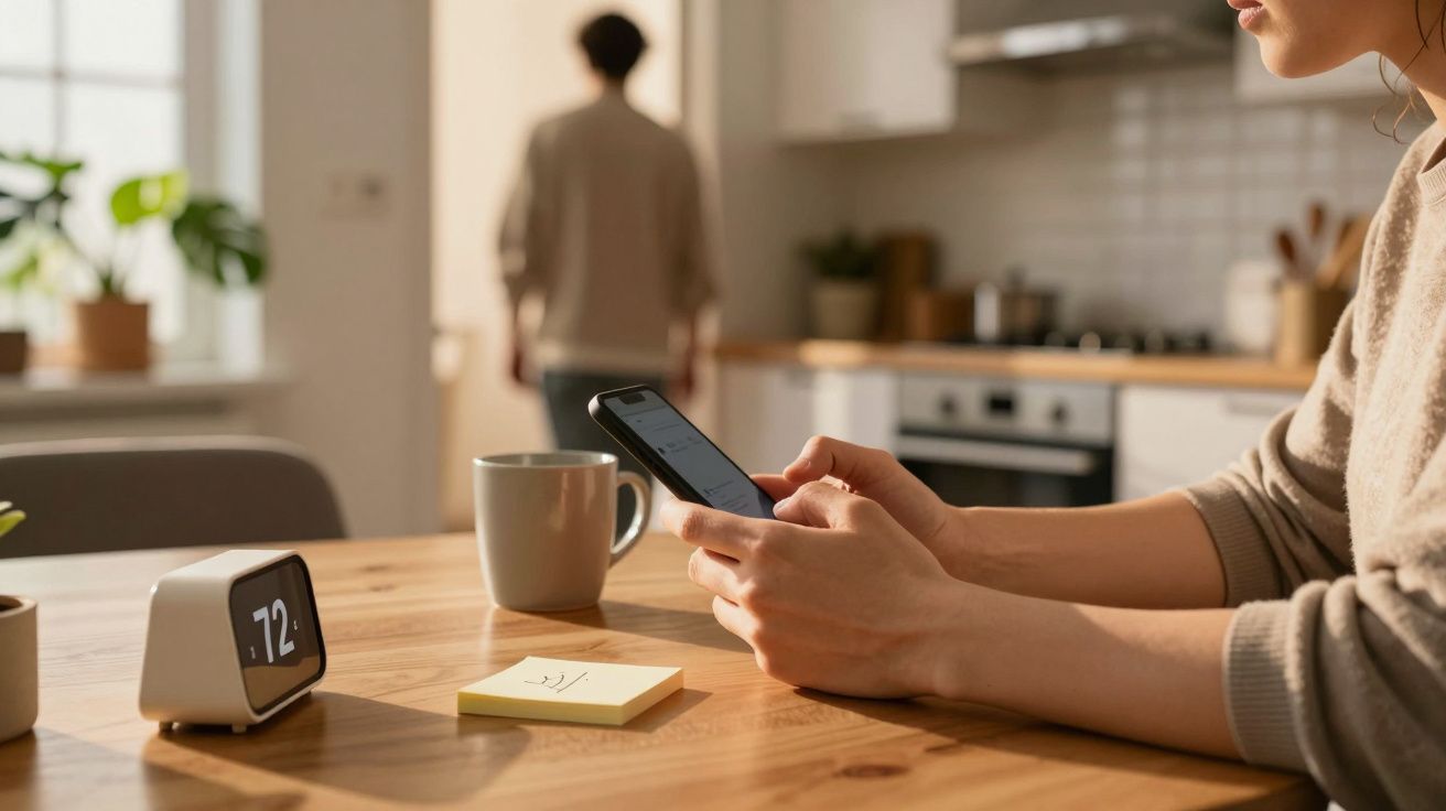 Persona con móvil en mesa de cocina, reloj digital y taza, mientras otra persona se aleja.