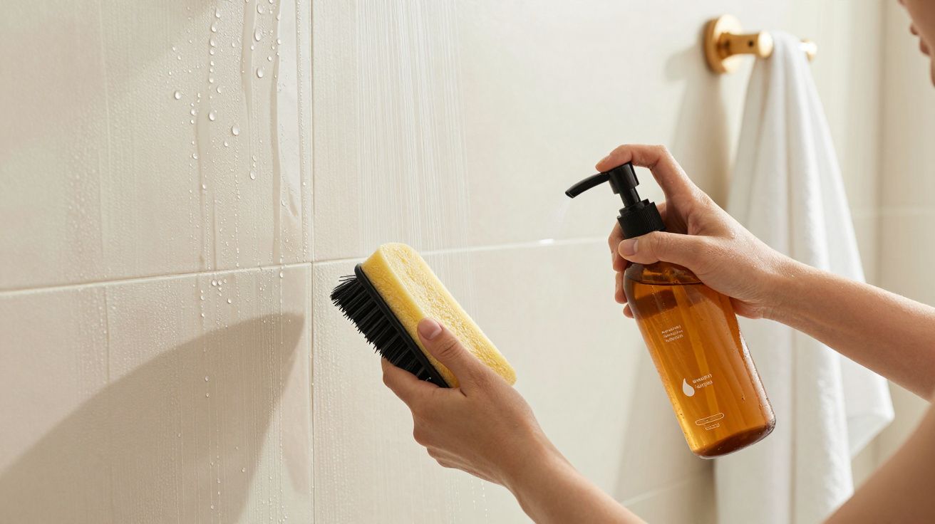 Mano sosteniendo un cepillo y dispensador de jabón frente a azulejos del baño mojados.