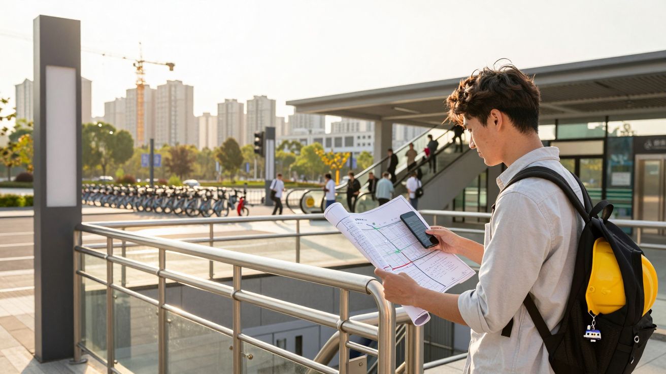 Hombre con mochila y casco amarillo consulta planos y móvil en exterior urbano con bicicletas y edificios al fondo.