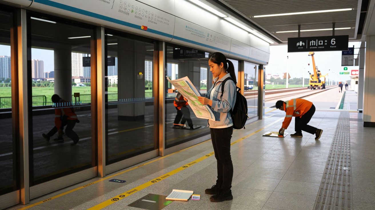 Mujer leyendo un mapa en una estación de metro moderna mientras trabajadores realizan mantenimiento en el andén.