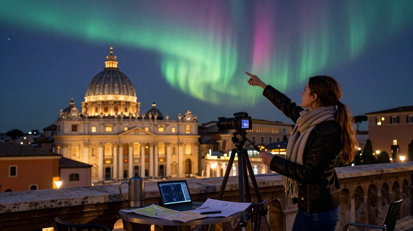 Mujer observando auroras boreales desde una terraza en Roma, con catedral iluminada y telescopio en primer plano.