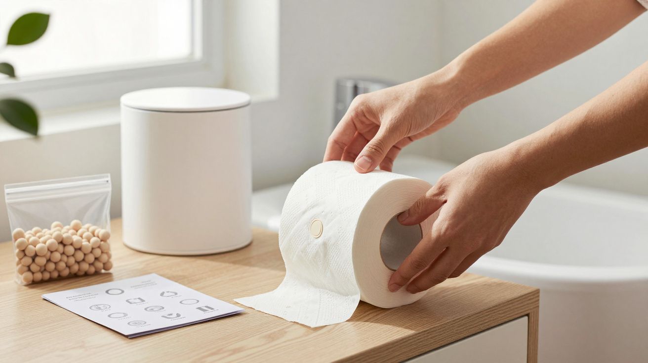 Manos desenrollando papel higiénico sobre una superficie de baño con artículos de tocador.