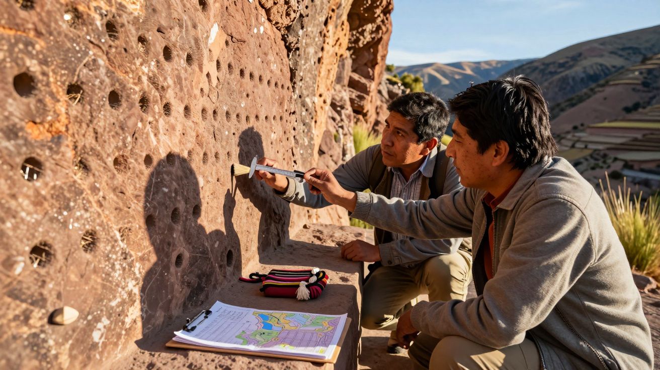 Dos hombres investigan una pared de piedra con agujeros en un paisaje rural, junto a un cuaderno y una cuerda.