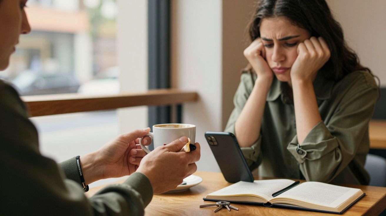 Mujer con expresión preocupada mira el móvil en un café, junto a otra persona que sostiene una taza de café.