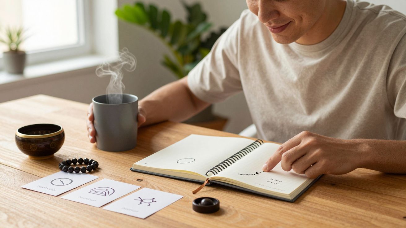 Hombre sonriendo, revisa un cuaderno y sostiene una taza humeante; cartas dibujadas sobre la mesa.