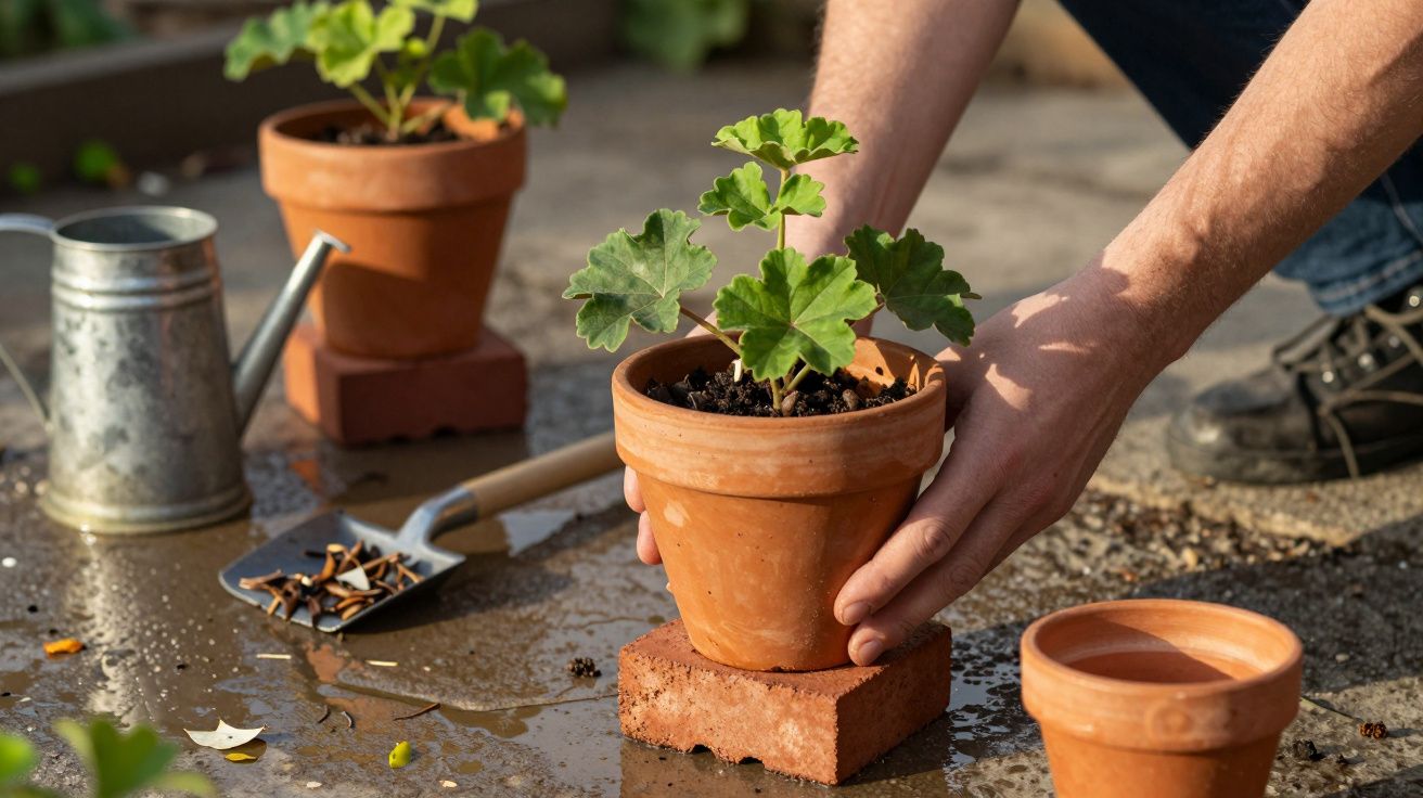 Manos colocando maceta de geranio sobre ladrillo en jardín, junto a regadera y pala.