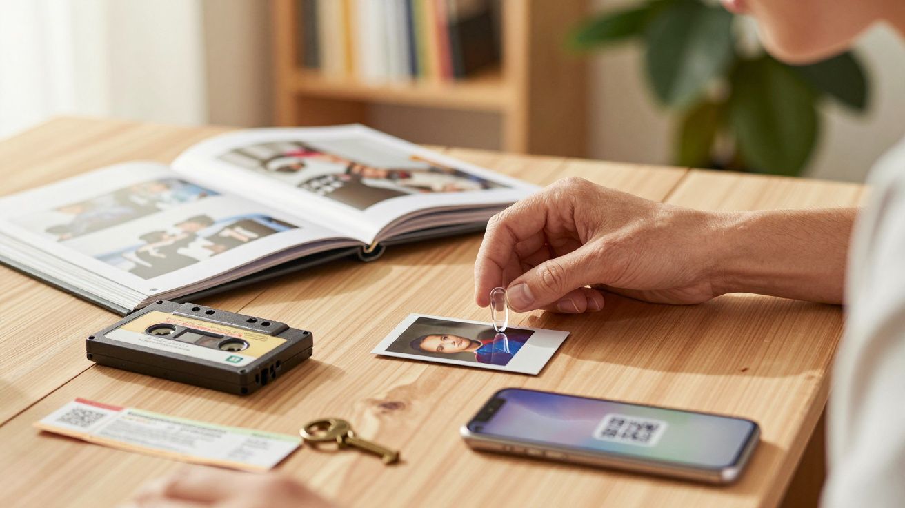 Persona sosteniendo una lupa sobre una foto polaroid en una mesa con un libro, un casete, una llave y un móvil.