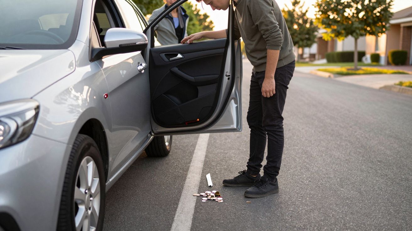 Persona inclinada junto a coche recogiendo monedas del suelo en la calle. Puerta del coche está abierta.