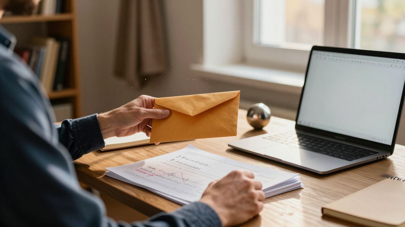 Persona sosteniendo un sobre marrón junto a un portátil en un escritorio con documentos.