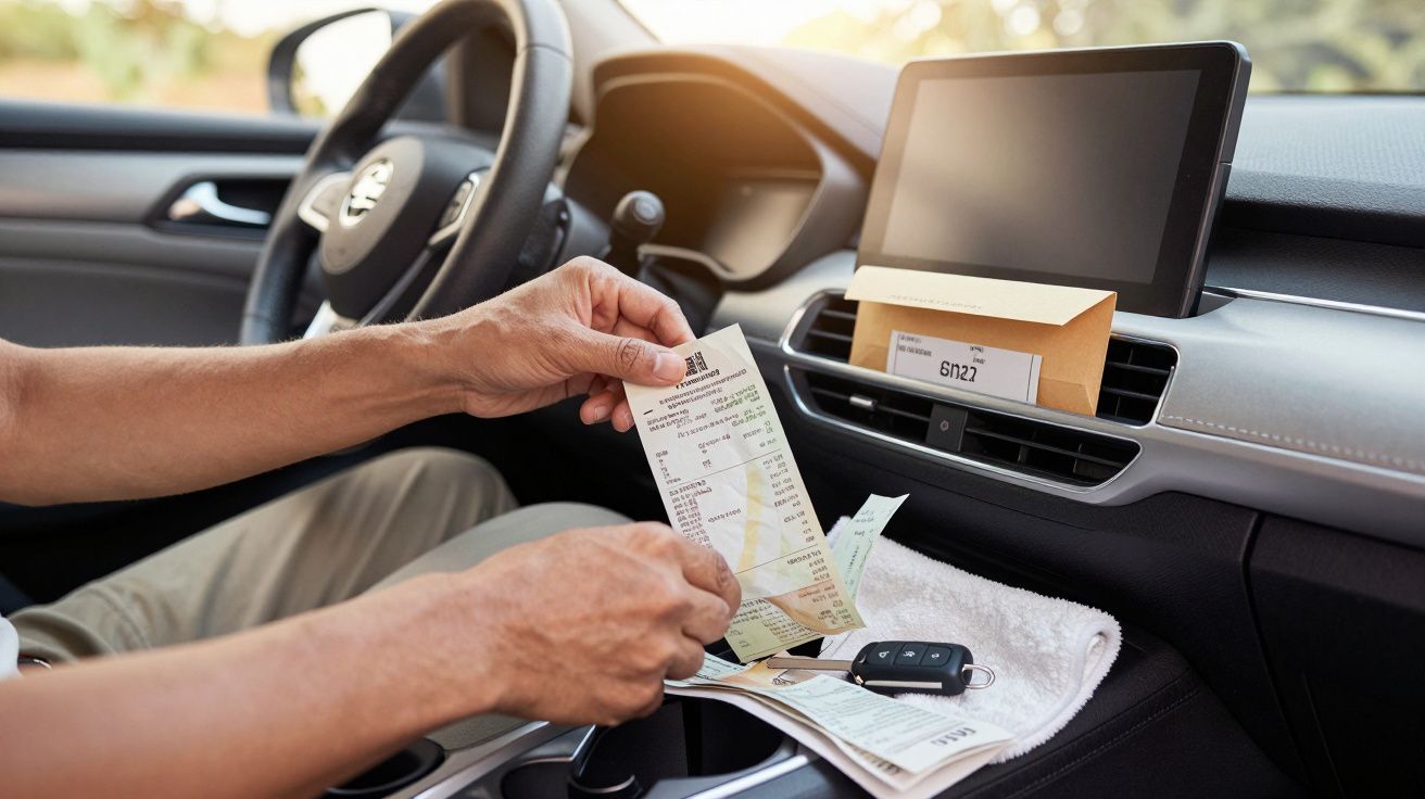 Persona revisando tickets dentro de un coche con la llave sobre la consola central.