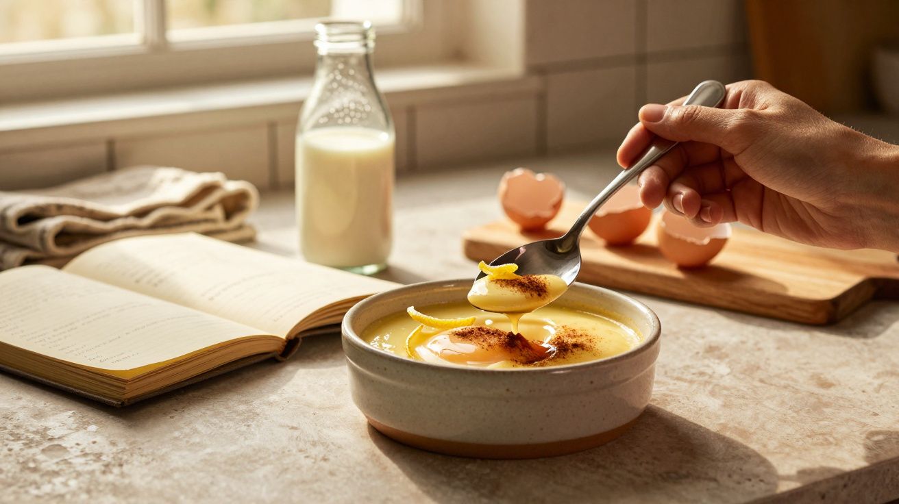 Mano sosteniendo una cuchara sobre un plato de natillas, con un libro abierto y leche en la mesa.