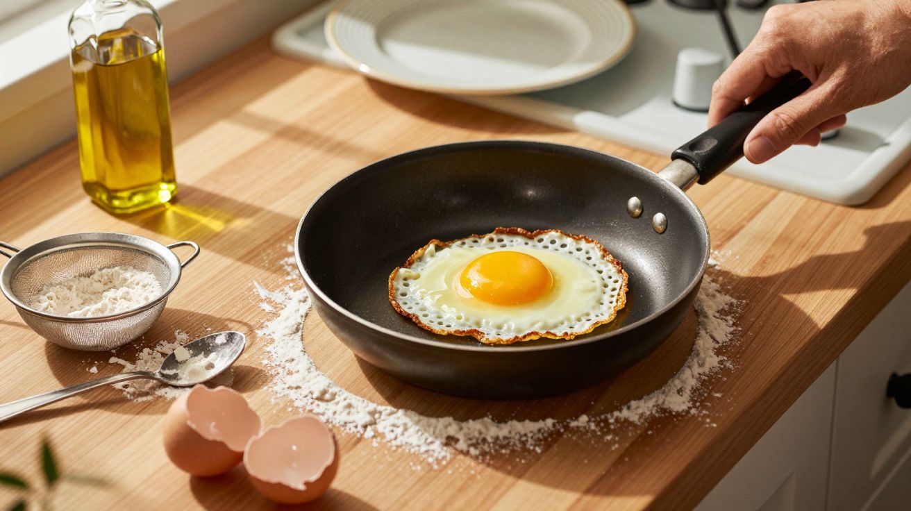Huevo frito en sartén sobre encimera de madera, rodeado de harina, cascaras de huevo y botella de aceite.