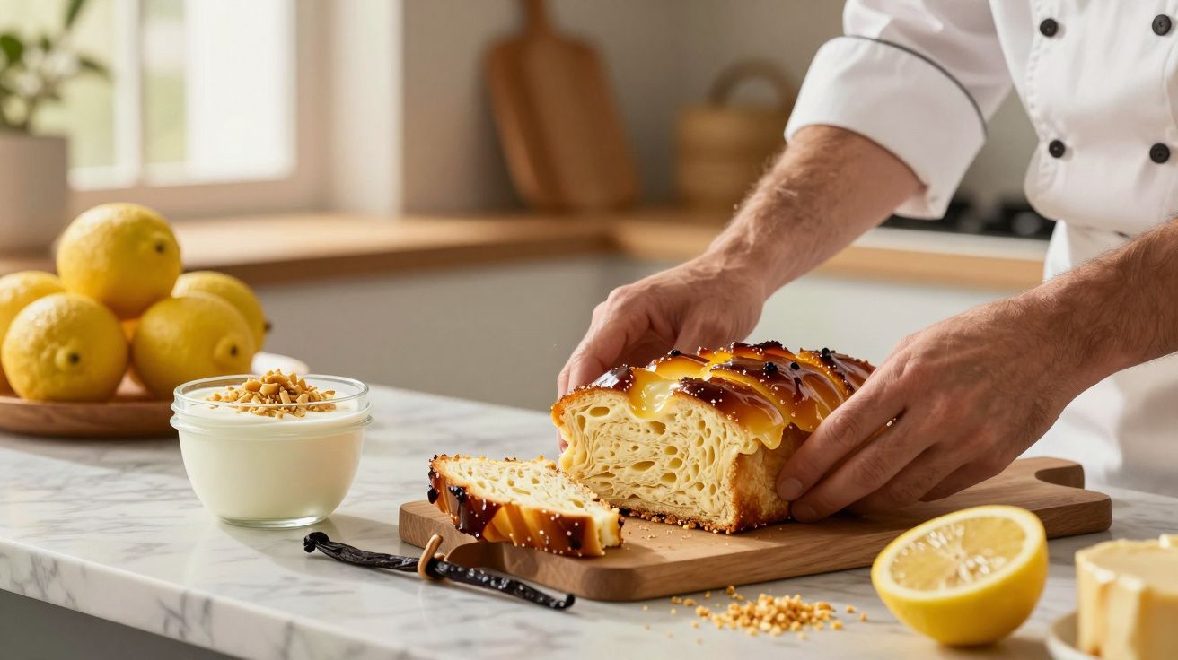 Chef cortando un pan dulce con glaseado y frutas, junto a limones y crema en un bol sobre una encimera de cocina.