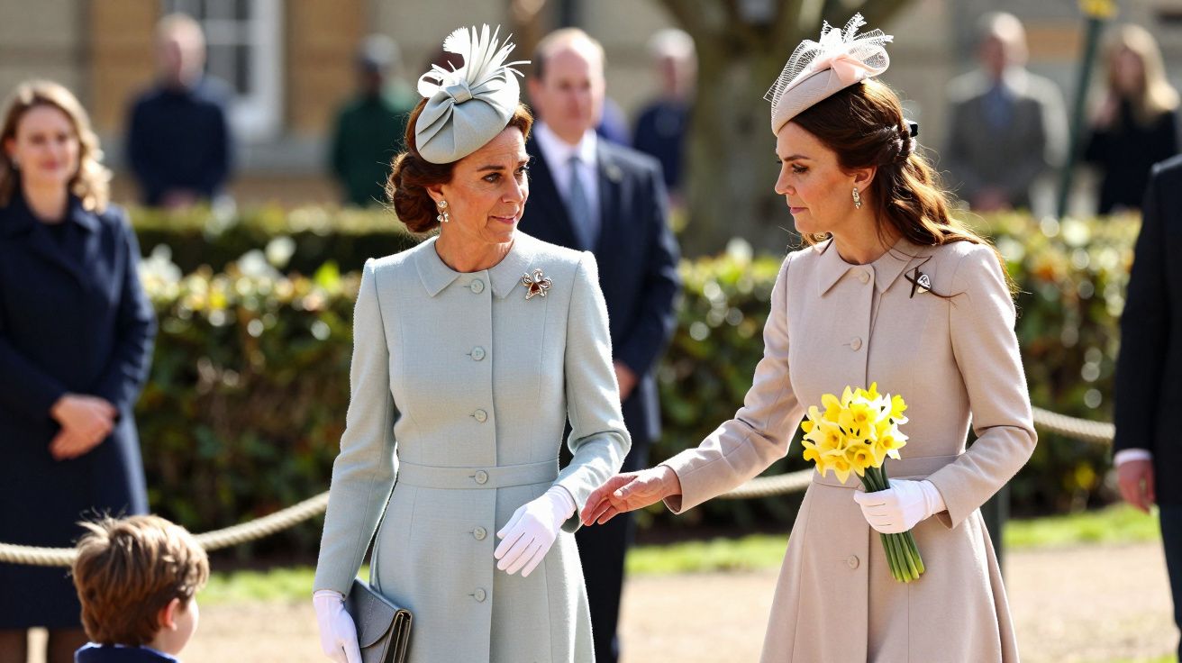 Dos mujeres elegantemente vestidas conversan en un jardín, ambas con sombreros y guantes, una sostiene un ramo de flores amar