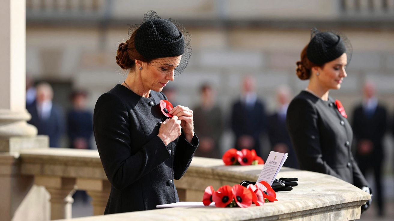 Mujer con vestido negro y tocado coloca una amapola en un acto conmemorativo al aire libre. Otra mujer similar en segundo pla