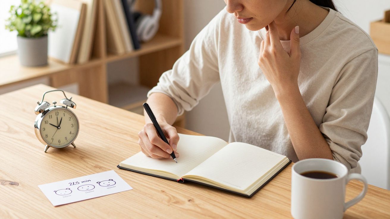 Mujer escribiendo en un cuaderno en una mesa con reloj despertador, tasa de café y hoja con emojis.