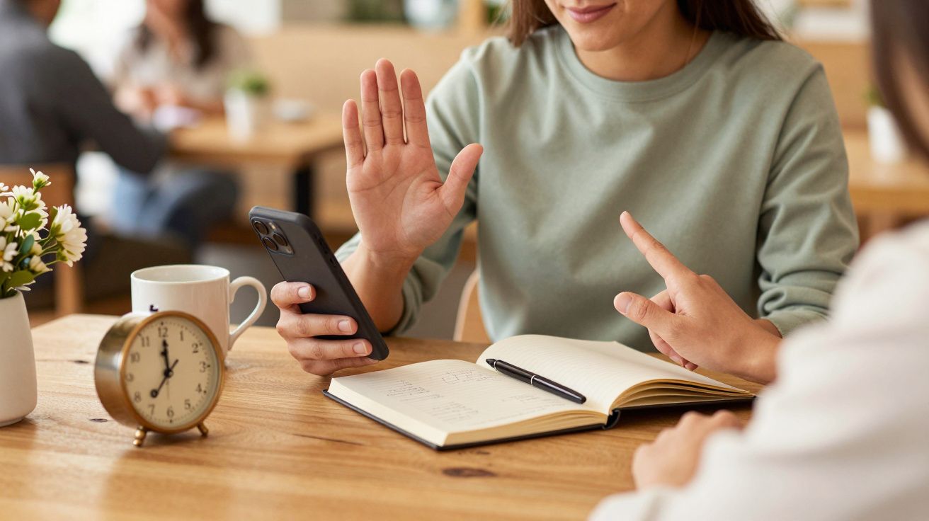 Dos personas conversan en una mesa con un reloj, café y libreta. Una sostiene un móvil y gesticula con la mano.