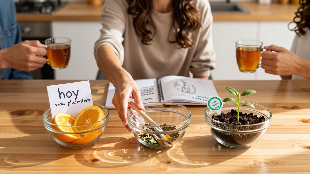Tres personas compartiendo té; cuenco con naranjas, otro con hierbas y uno con planta en la mesa.