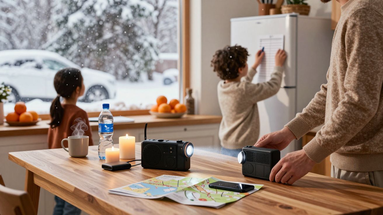 Dos personas en una cocina nevando afuera. Hay mapas, un teléfono y una radio en la mesa.
