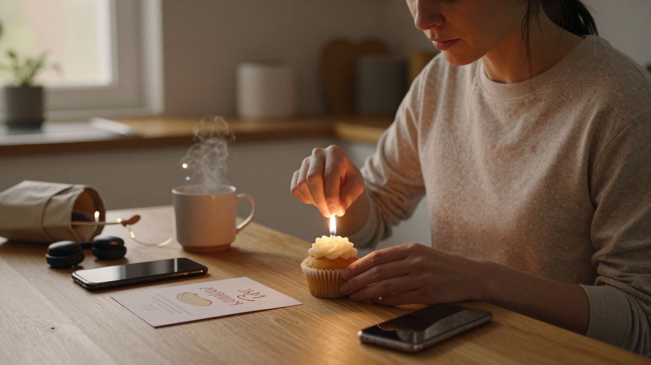 Mujer encendiendo una vela en un cupcake sobre mesa de madera junto a móvil y taza humeante.
