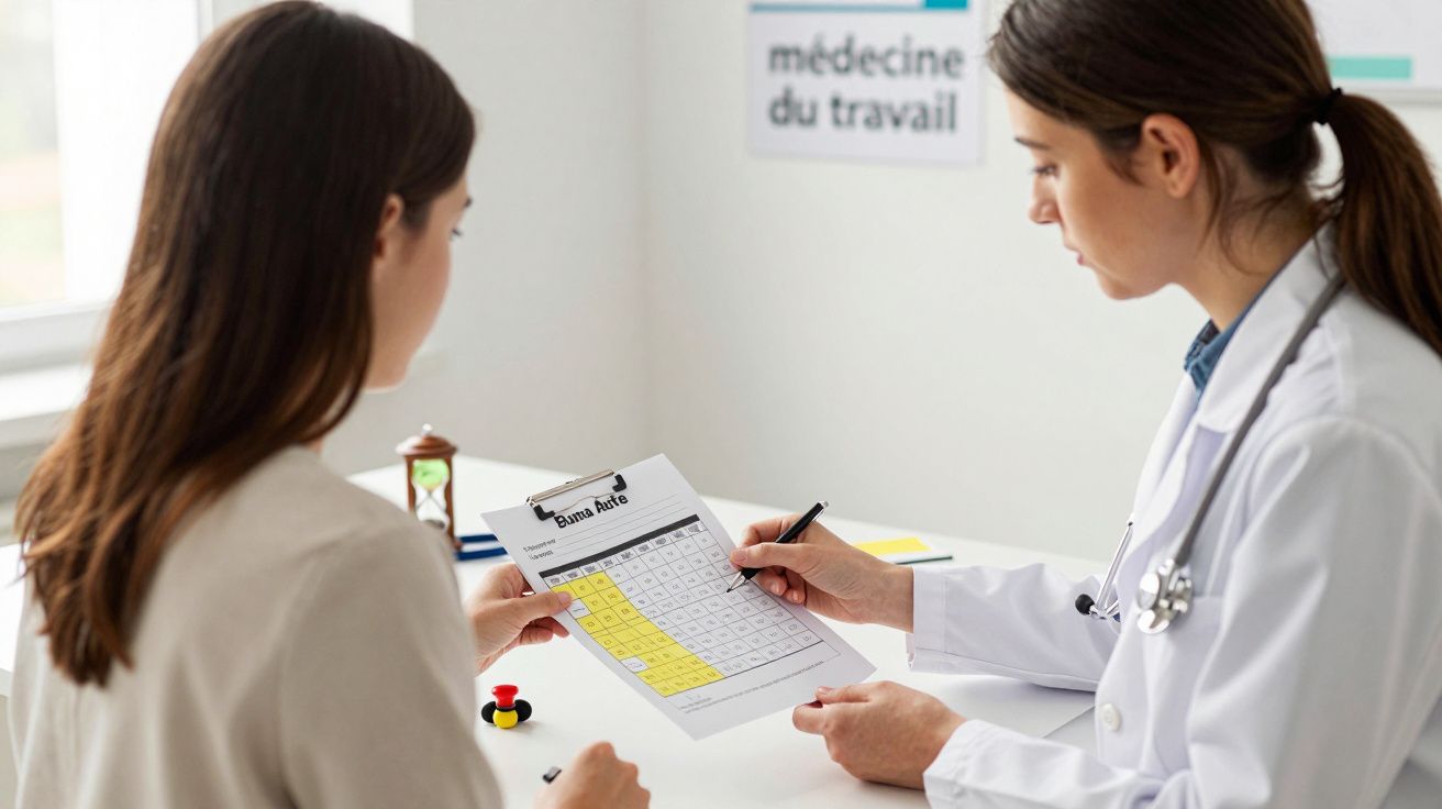 mujer consultando con médico que sostiene formulario marcado con zonas amarillas sobre mesa blanca en oficina médica