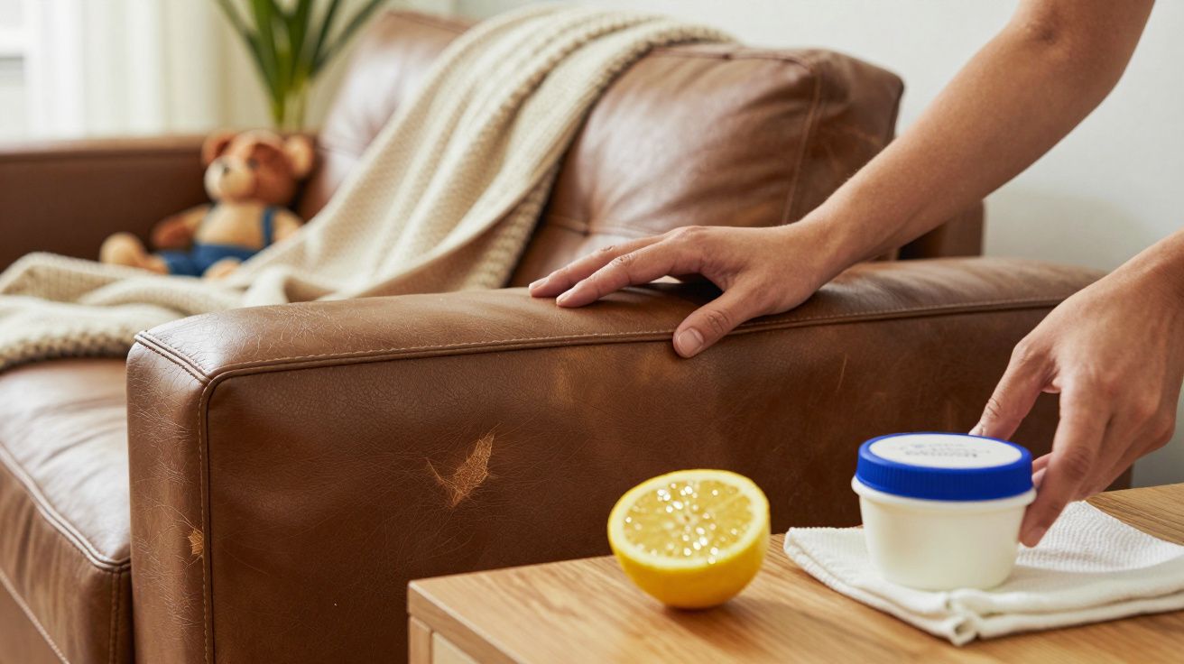 Mano sosteniendo crema junto a un sofá de cuero marrón con manta y peluche. Un limón partido sobre la mesa.