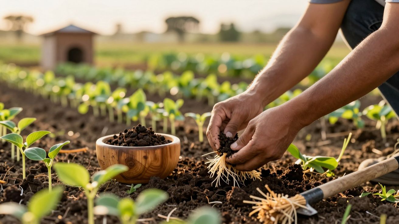 Manos plantando plántulas en un campo con tierra fértil y herramientas de jardinería bajo el sol.