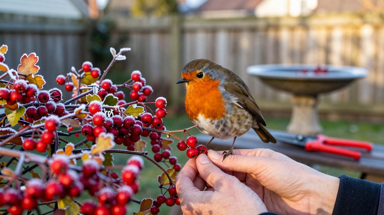 Petirrojo sobre una rama con bayas rojas en un jardín, mientras una persona sostiene la rama con cuidado.