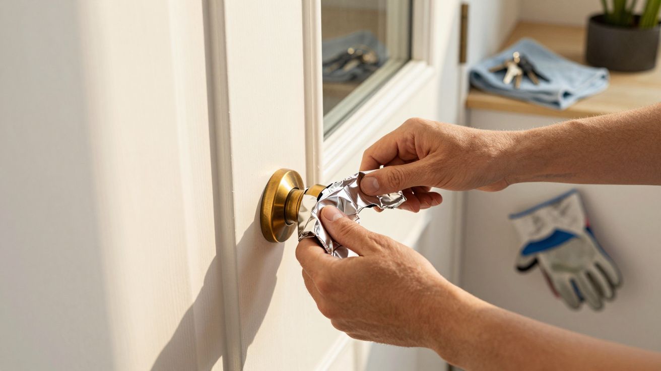 Persona limpiando un pomo de puerta dorado con papel de aluminio. Llaves y guantes sobre una mesa cercana.